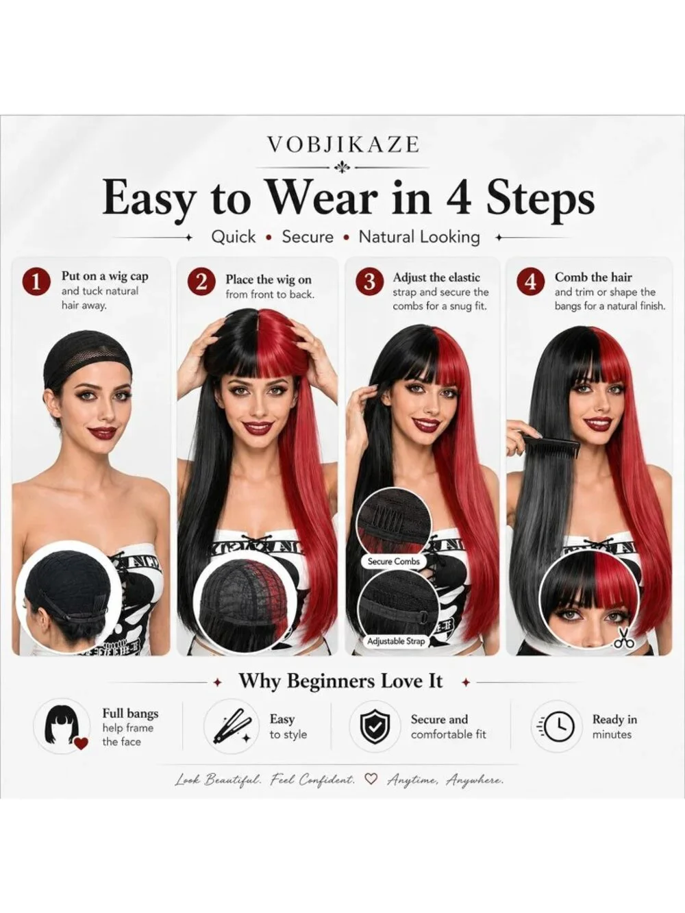 Women's Red Black 26 Inch Heat Resistant Synthetic Long Straight Wigs Bangs